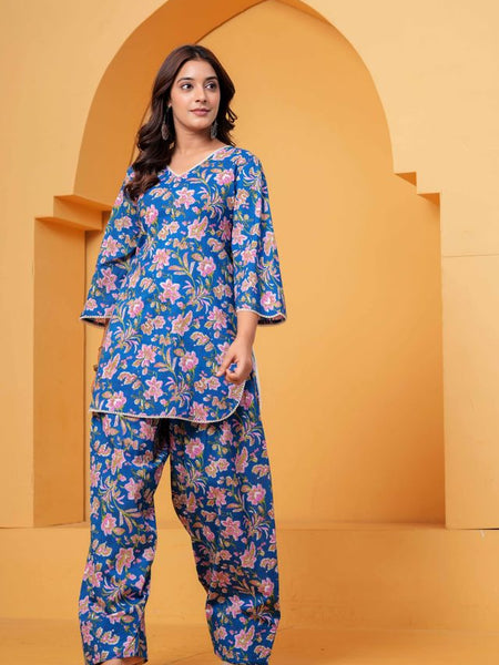 Women's Blue Printed Cotton Kurti Farshi Salwar Set
