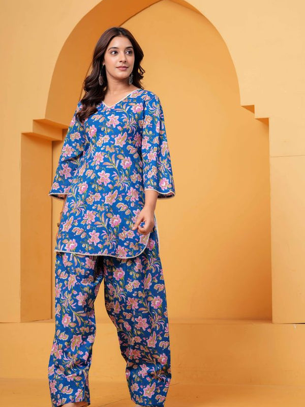 Women's Blue Printed Cotton Kurti Farshi Salwar Set