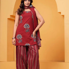 Women's Red Floral Printed Pure Cotton Kurti Farshi Salwar Dupatta Set