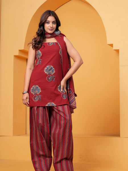 Women's Red Floral Printed Pure Cotton Kurti Farshi Salwar Dupatta Set
