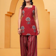 Women's Red Floral Printed Pure Cotton Kurti Farshi Salwar Set