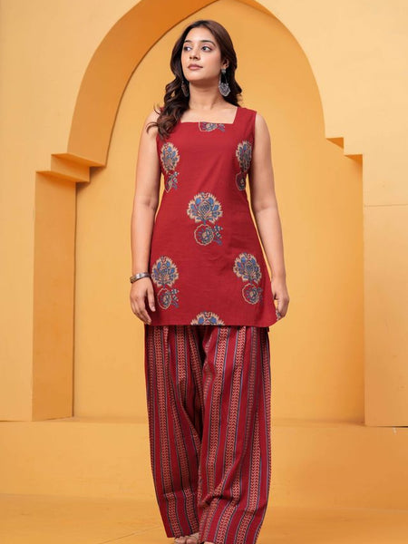 Women's Red Floral Printed Pure Cotton Kurti Farshi Salwar Set