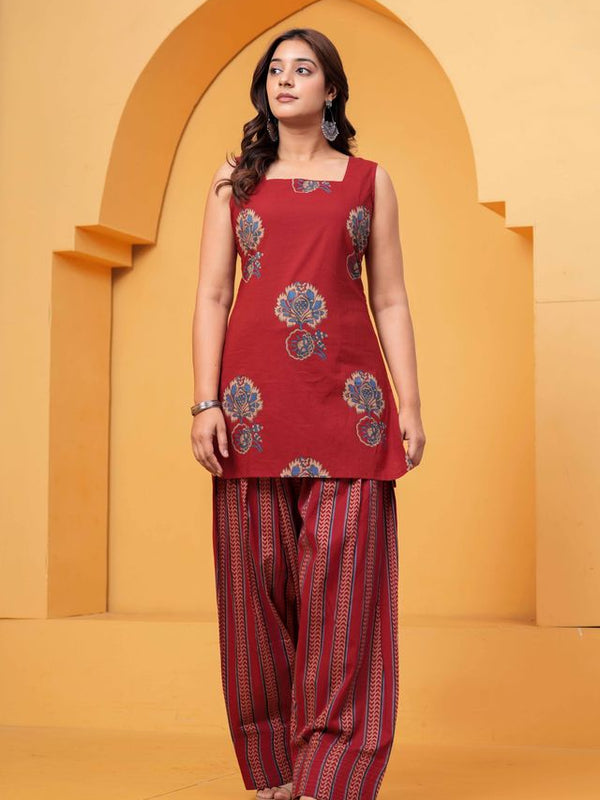 Women's Red Floral Printed Pure Cotton Kurti Farshi Salwar Set