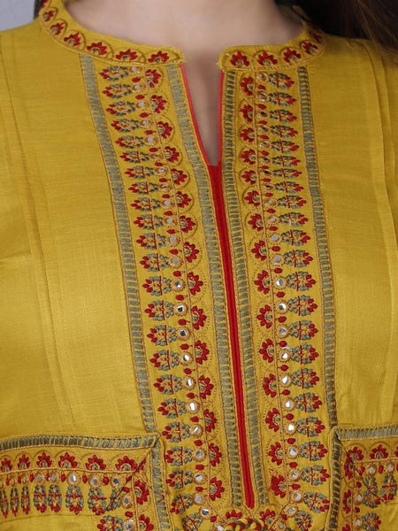 Women Yellow Ethnic Motifs Embroidered & Mirror Work Layered Kurta