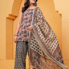 Women's Multicolor Printed Pure Cotton Kurti Farshi Salwar Dupatta Set