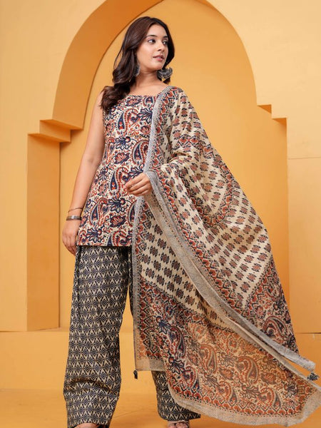 Women's Multicolor Printed Pure Cotton Kurti Farshi Salwar Dupatta Set