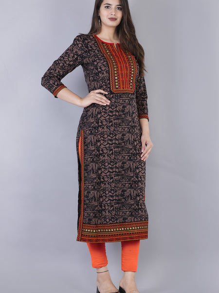Women Brown Geometric Printed Thread Work Kurta