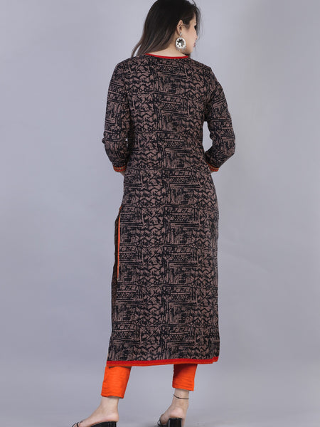 Women Brown Geometric Printed Thread Work Kurta
