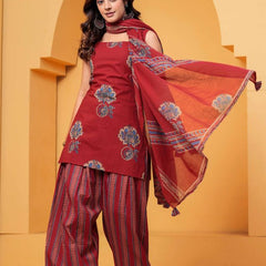 Women's Red Floral Printed Pure Cotton Kurti Farshi Salwar Dupatta Set