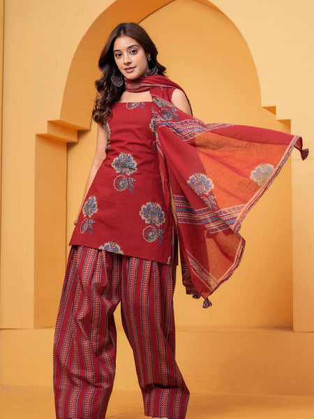Women's Red Floral Printed Pure Cotton Kurti Farshi Salwar Dupatta Set