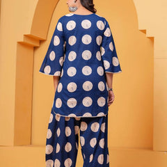 Women's Blue Printed Pure Cotton Kurti Farshi Salwar Set