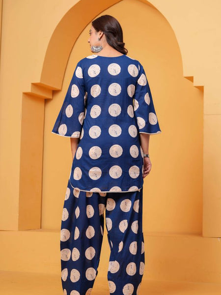 Women's Blue Printed Pure Cotton Kurti Farshi Salwar Set