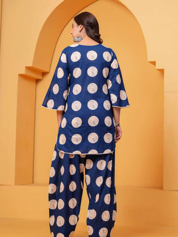 Women's Blue Printed Pure Cotton Kurti Farshi Salwar Set