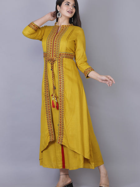 Women Yellow Ethnic Motifs Embroidered & Mirror Work Layered Kurta