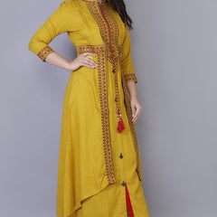Women Yellow Ethnic Motifs Embroidered & Mirror Work Layered Kurta