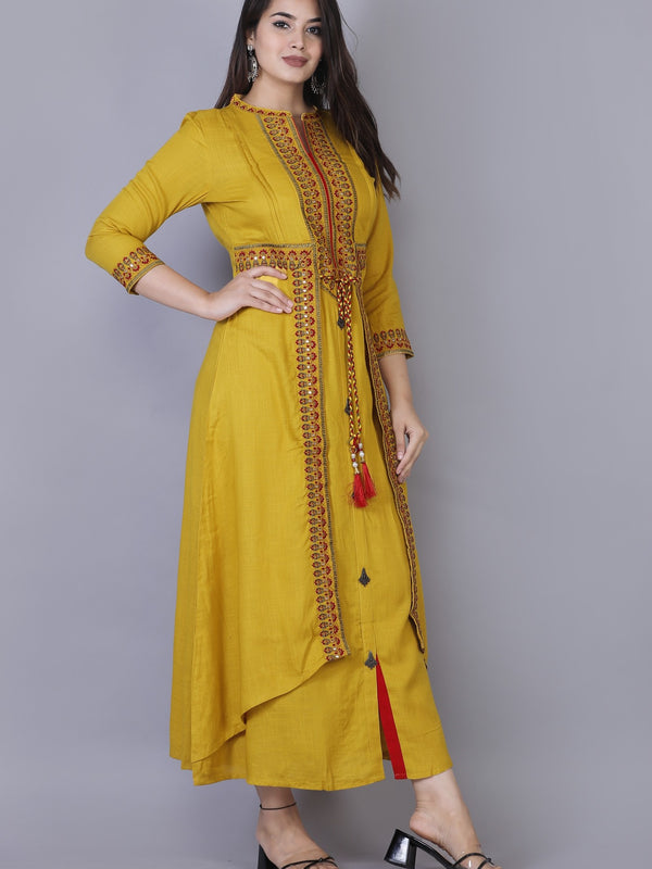 Women Yellow Ethnic Motifs Embroidered & Mirror Work Layered Kurta