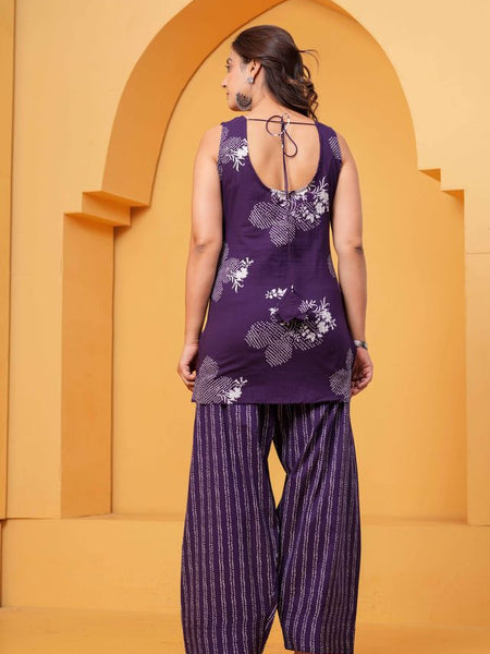 Women's Purple Floral Printed Pure Cotton Kurti Farshi Salwar Set