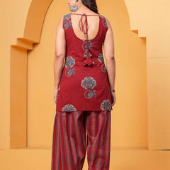 Women's Red Floral Printed Pure Cotton Kurti Farshi Salwar Set
