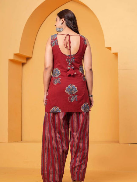 Women's Red Floral Printed Pure Cotton Kurti Farshi Salwar Set
