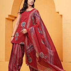 Women's Red Floral Printed Pure Cotton Kurti Farshi Salwar Dupatta Set