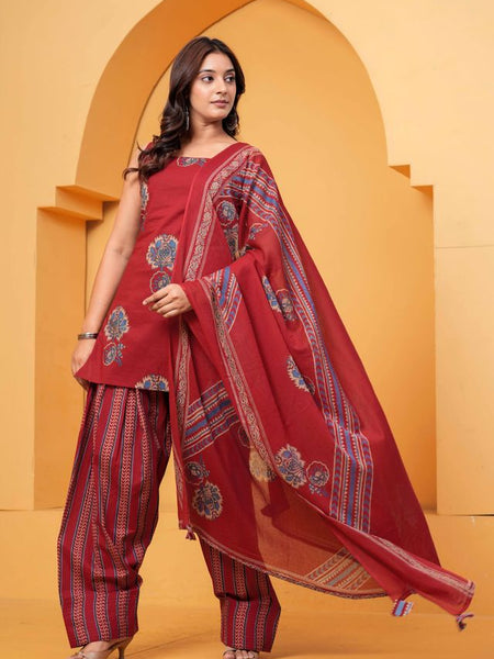 Women's Red Floral Printed Pure Cotton Kurti Farshi Salwar Dupatta Set