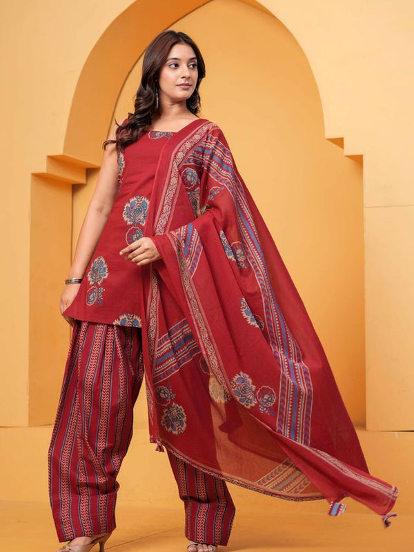 Women's Red Floral Printed Pure Cotton Kurti Farshi Salwar Dupatta Set