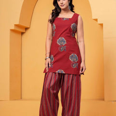 Women's Red Floral Printed Pure Cotton Kurti Farshi Salwar Set