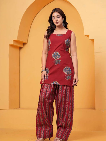 Women's Red Floral Printed Pure Cotton Kurti Farshi Salwar Set