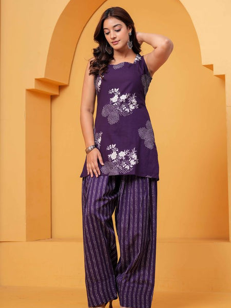 Women's Purple Floral Printed Pure Cotton Kurti Farshi Salwar Set