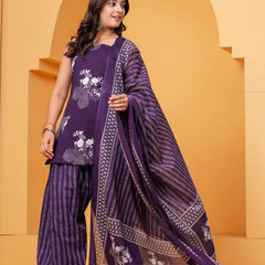 Women's Purple Floral Printed Pure Cotton Kurti Pant Dupatta Set