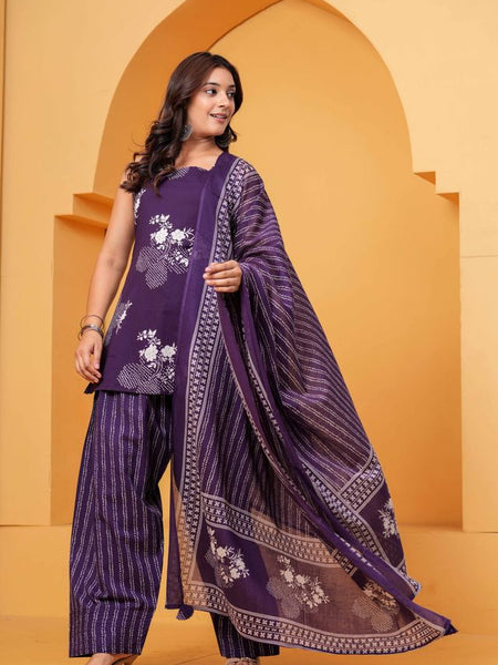 Women's Purple Floral Printed Pure Cotton Kurti Pant Dupatta Set
