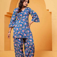 Women's Blue Printed Cotton Kurti Farshi Salwar Set