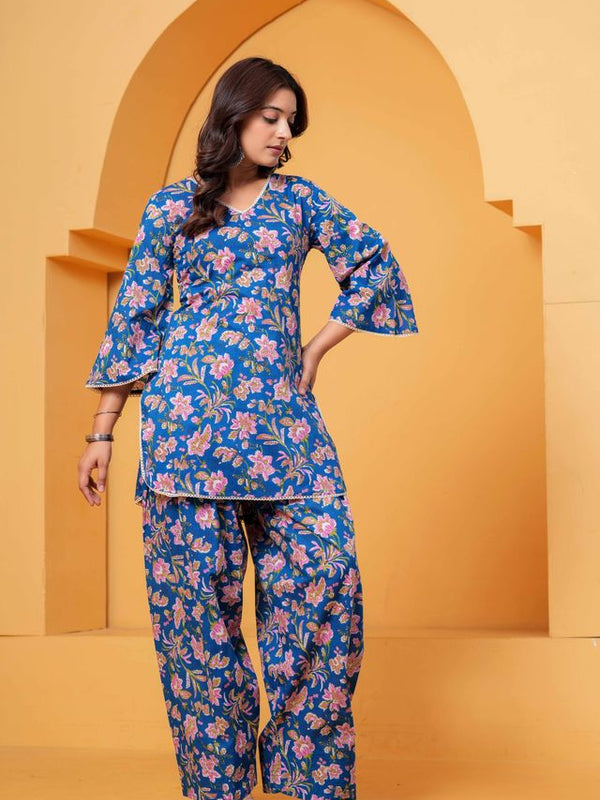 Women's Blue Printed Cotton Kurti Farshi Salwar Set