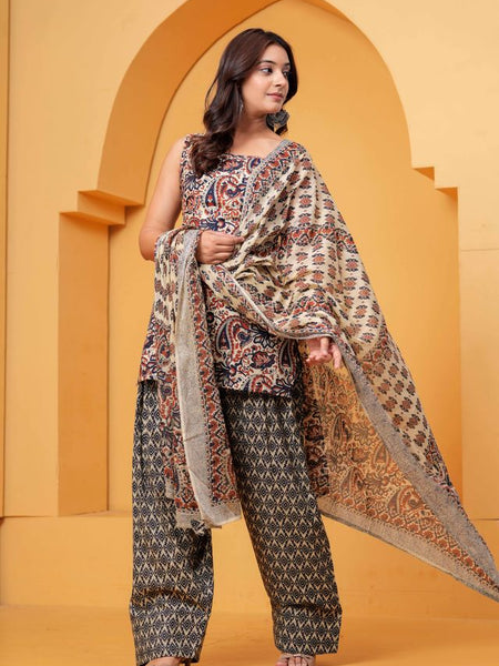 Women's Multicolor Printed Pure Cotton Kurti Farshi Salwar Dupatta Set