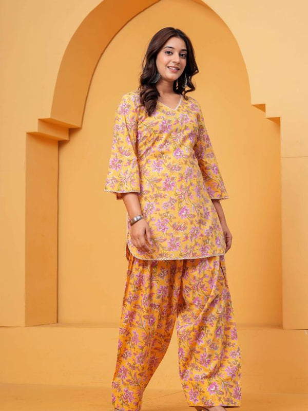 Women's Yellow Floral Printed Pure Cotton Kurti Farshi Salwar Set