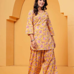 Women's Yellow Floral Printed Pure Cotton Kurti Farshi Salwar Set