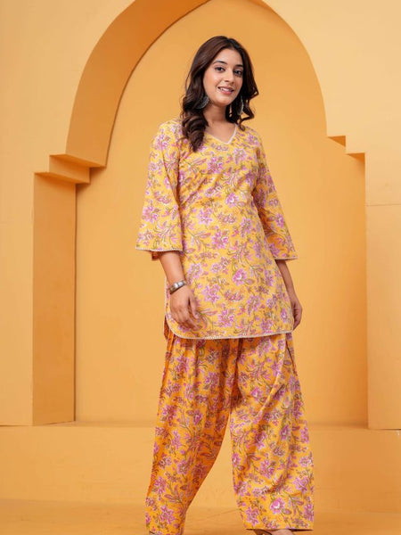 Women's Yellow Floral Printed Pure Cotton Kurti Farshi Salwar Set