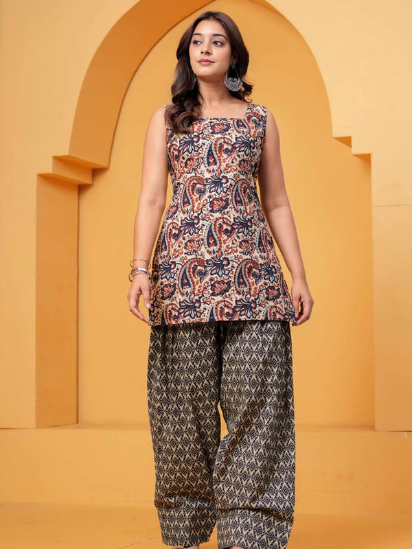 Women's Multicolor Printed Pure Cotton Kurti Farshi Salwar Set
