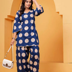 Women's Blue Printed Pure Cotton Kurti Farshi Salwar Set
