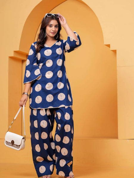 Women's Blue Printed Pure Cotton Kurti Farshi Salwar Set