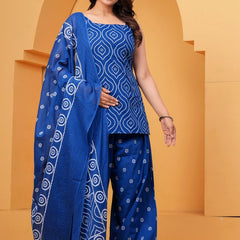 Women's Blue Printed Pure Cotton Kurti Farshi Salwar Dupatta Set
