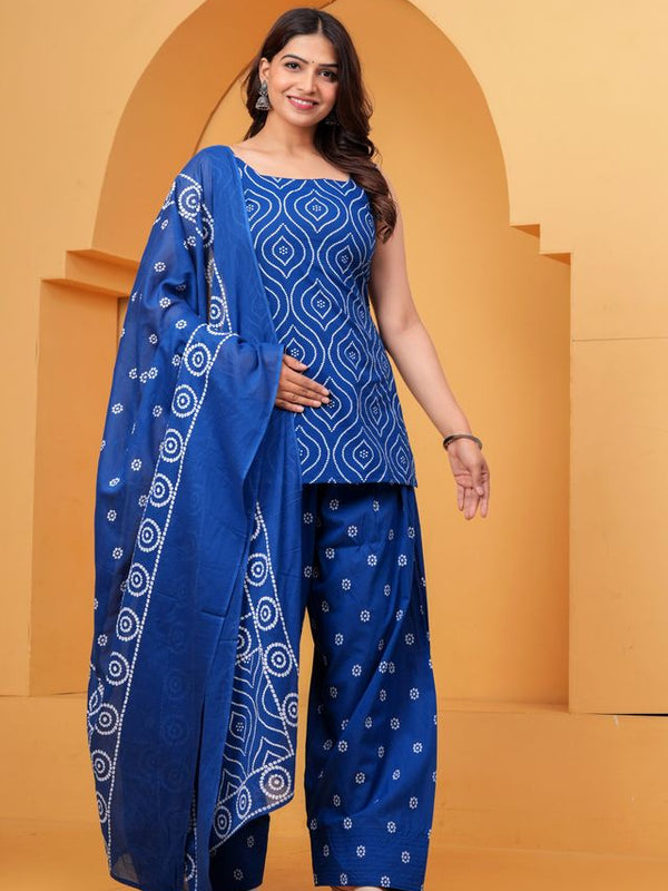 Women's Blue Printed Pure Cotton Kurti Farshi Salwar Dupatta Set