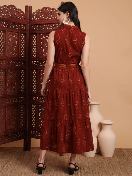 Brown Cotton Printed Sleeveless Midi Dress Back