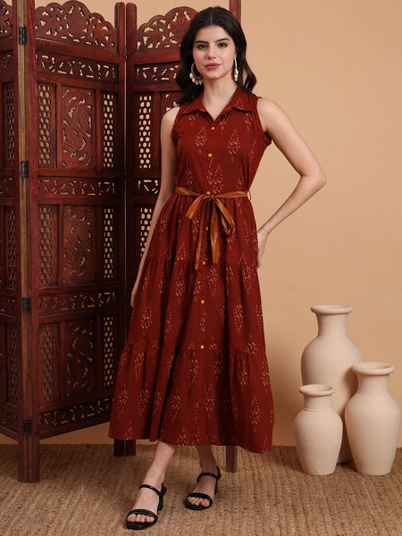 Brown Cotton Printed Sleeveless Midi Dress