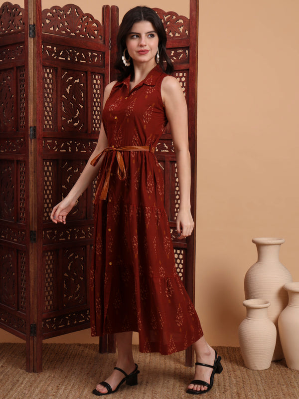 Brown Cotton Printed Sleeveless Midi Dress Side