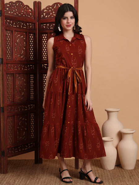 Brown Cotton Printed Sleeveless Midi Dress Front