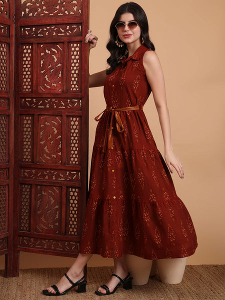 Brown Cotton Printed Sleeveless Midi Dress Image