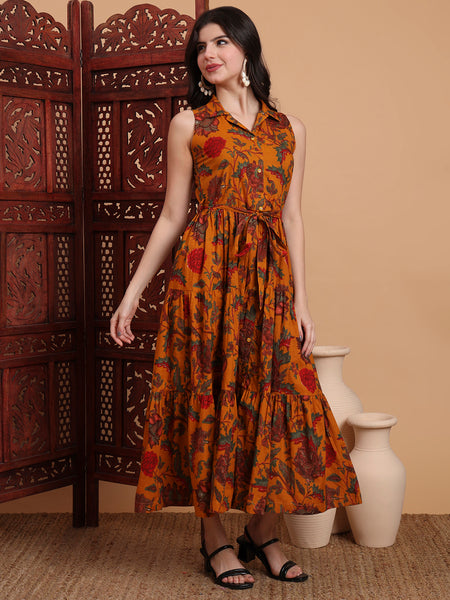 Women Floral Printed Shirt Collar Print Fit & Flare Maxi Dress