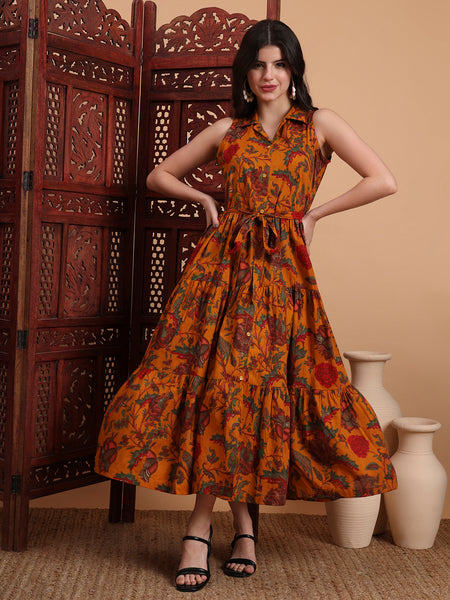 Women Floral Printed Shirt Collar Print Fit & Flare Maxi Dress