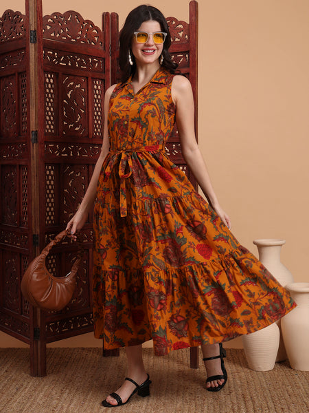 Women Floral Printed Shirt Collar Print Fit & Flare Maxi Dress